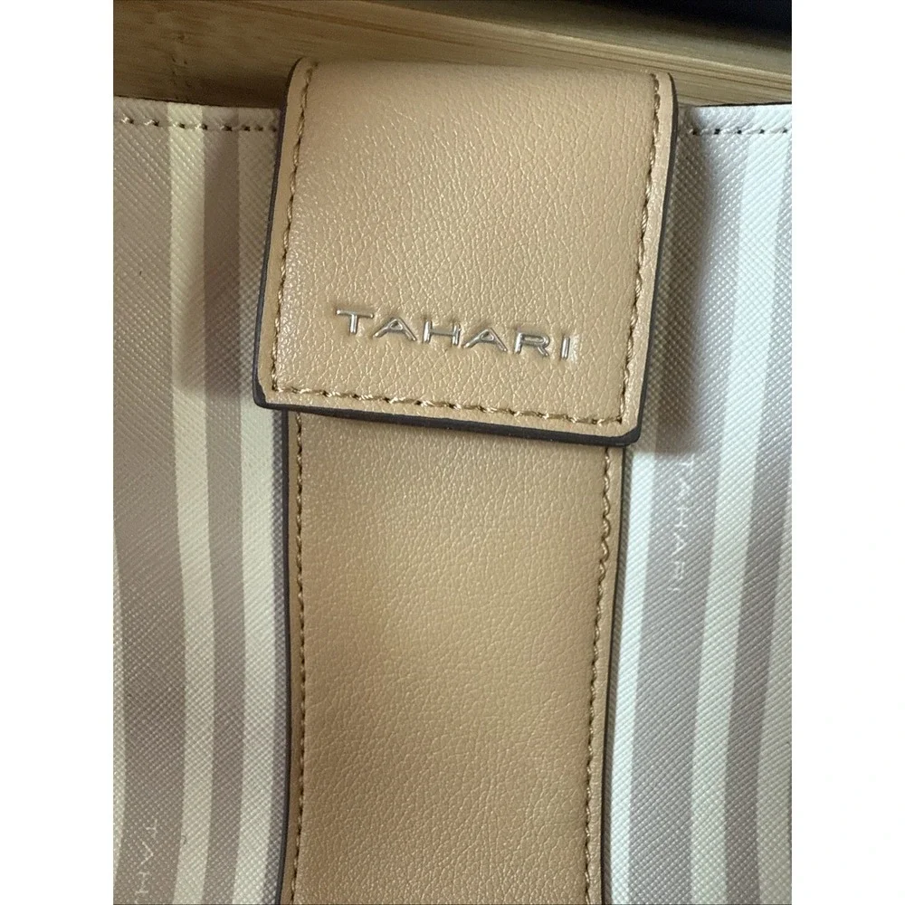 Tahari Tote Bag Women Sand/Gray Striped Bag Magnetic Snap Zip Vegan Leather  NWT